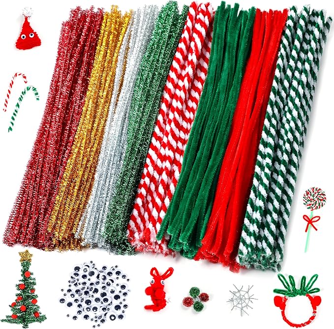 Christmas Pipe Cleaners,420 Pcs Pipe Cleaners Craft Set Including 320Pcs Pipe Cleaners &100Pcs Wiggle Googly Eyes Self Adhesive for Home&School DIY Art Crafts Daily or Christmas Decoration