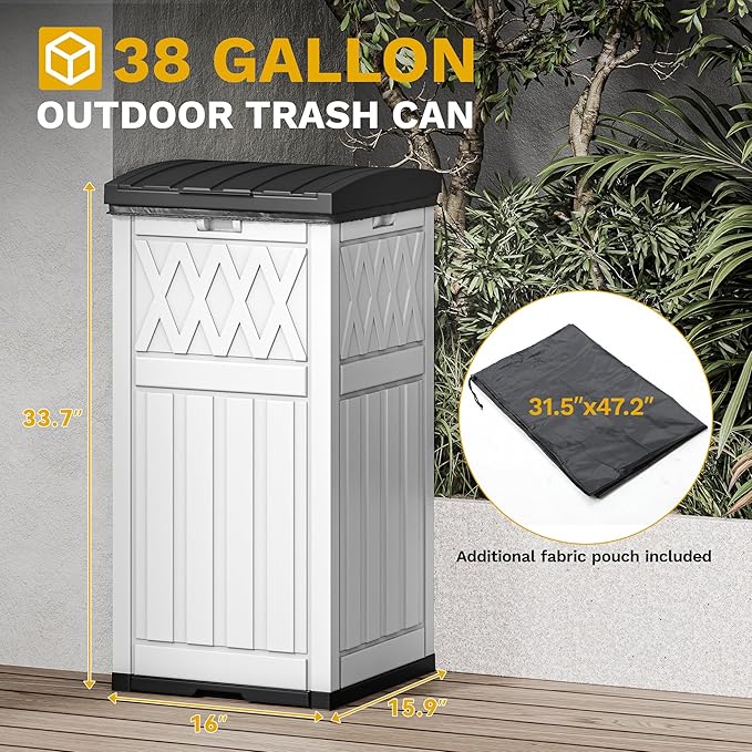 DWVO 36-Gallon Outdoor Trash Can with Fabric Bag, Tiered Lid & Drip Tray, Waterproof Resin Garbage Bin for Patio, Deck, and Backyard, White & Black