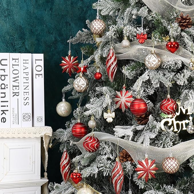 82Pcs Gold and Red Christmas Ornaments Set, Shatterproof Medium Christmas Ball Ornaments, Christmas Decorations Hanging Ornaments for Xmas Trees, Holiday, Party Decor (Gold & Red)