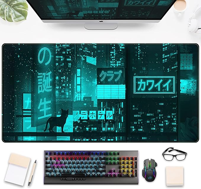 Cyan Green Japanese Desk Mat, Neon Tokyo Extended Mouse Pad Anime Cat Desk Pad, Gaming Mousepad XXL, Large Keyboard Mat for Gamers, Cool Computer Mat for Desk with Stitched Edges 31.5X15.7 in