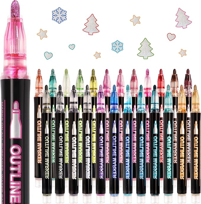 Outline Glitter Markers, 24 Colors Outline Shimmer Markers, Teen Girl Gifts Trendy Stuff, Glitter Pens Set, Art Crafts School Journaling Supplies for Kids Girls Ages 4-16 Year Old