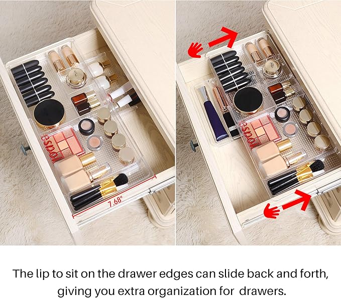 Oubonun Expandable Drawer Organizer 11.1” to 19.2” Width, Shallow Cosmetic Organizer 1.3” Height, 2 Packs, Clear Plastic Storage Trays for Dressing Table,Bathroom