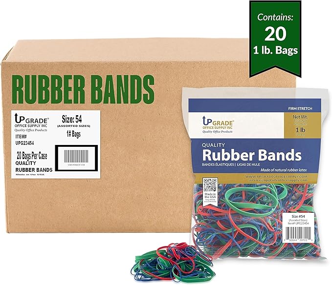 Upgrade Office Supply UPG23454CS Rubber Bands, Assorted Size and Color, 1 lb Bags, 20 Pack Case, USA