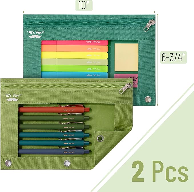 Mr. Pen- Pencil Pouch for 3 Ring Binder, 2 Pack, Green Shades, 3 Ring Binder Pencil Pouch