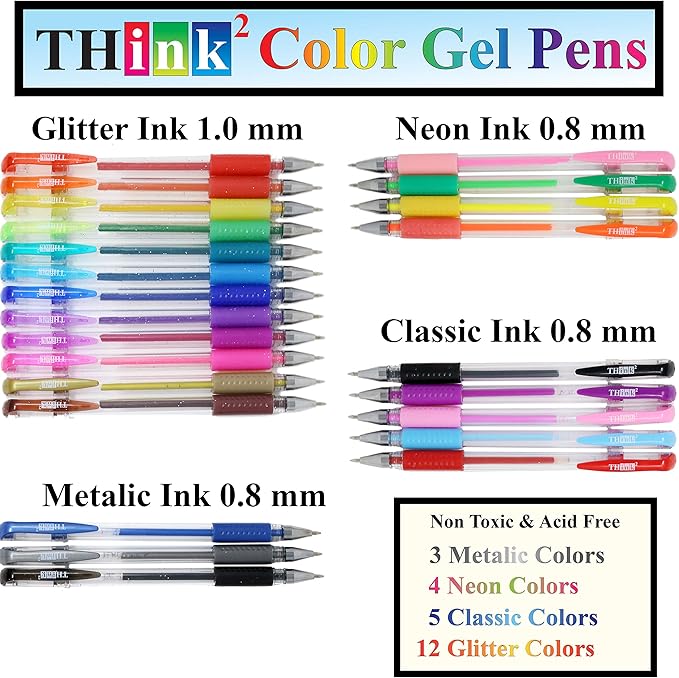THINK2MASTER [24 Colors] Think2 Color Gel Pens Set for Kids and Adult. Perfect for Drawing, Journaling, Doodling, Scrapbooking