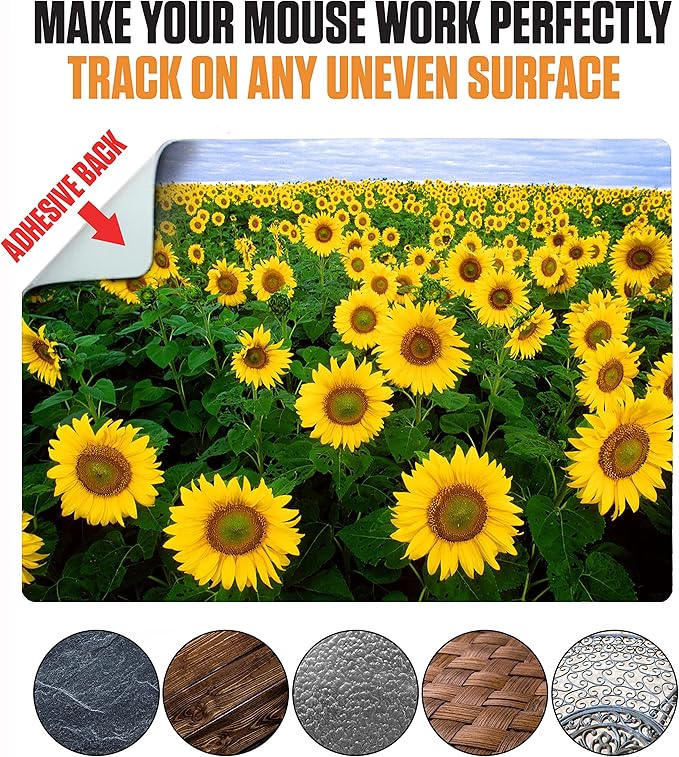 Adhesive Mouse Pad - Peel and Sticks to Any Surface - Travel Mouse Pad, Sticky for Any Surface - Excellent Tracking - Sunflowers