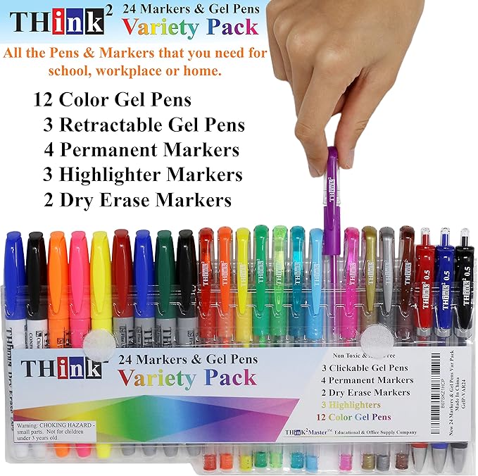 Think2 24 Pack School Supplies Kit. Includes 3 Highlighters, 4 Permanent Markers, 2 Dry Erase Markers, 12 Color Gel Pens and 3 Retractable Pens. Study Supplies