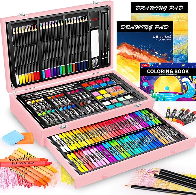 Caliart Art Supplies, 153-Pack Deluxe Art Set in Wooden Case, Crafts Drawing Painting Kits with 2 A4 Sketch Pads, Coloring Book, Stocking Stuffers Christmas Gifts for Teens Girls Kids Artists