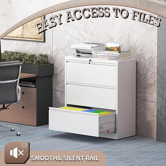 3 Drawer Lateral File Cabinet with Lock, Metal File Cabinet, Lateral File Cabinets for Home Office, Heavy Duty File Storage Cabinet for Legal/Letter/A4 Document, Assembly Required, White