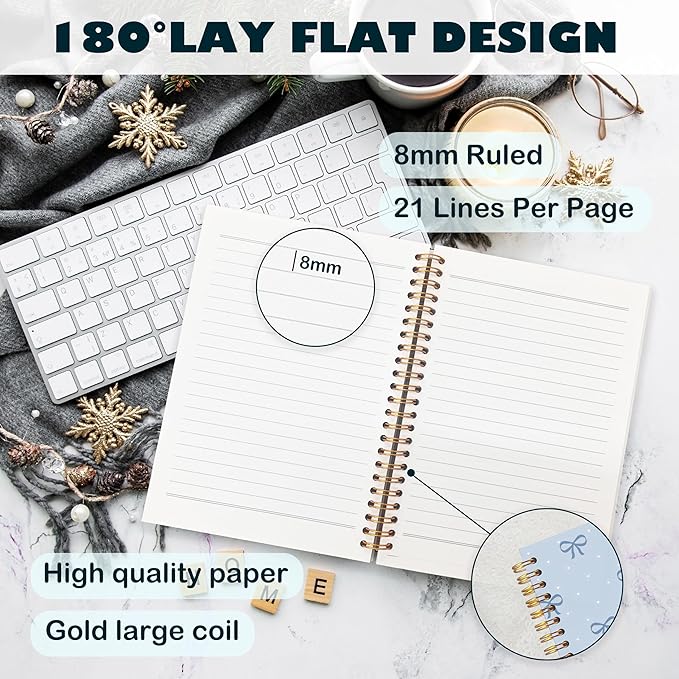 BearCake Coquette Blue Bow Notebook Journal, Preppy Bow Journal for Women Girls, Blue Cute Office Supplies, Girly Aesthetic Hardcover Spiral Notebook 5.5x8.3