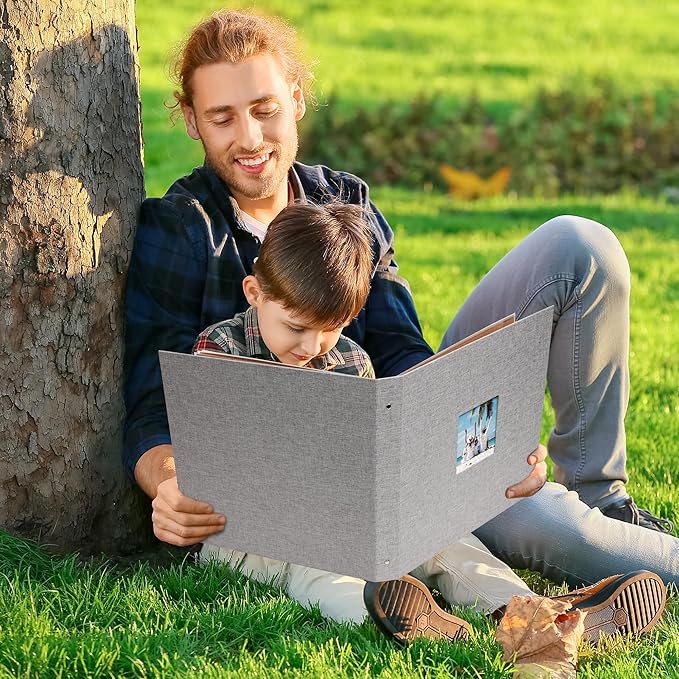 Vienrose Scrapbook Photo Album 12x12 Inch 3 Ring Binder, Linen Cover Large DIY Scrapbooks with 30 Sheets Plastic Sleeves 60 Pages Blank Khaki Inner Pages for Wedding Birthday Travel Baby Photos Grey