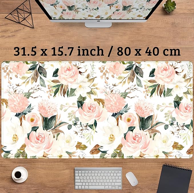 Desk Mat Pink Floral Desk Pad Cute Flowers Mouse Pad Gaming XL Large Mousepad Green Leaves Desk Matt for Desktop, Computer Laptop Keyboard Mouse Mat for Women Office Decor Accessories 31.5x15.7 in