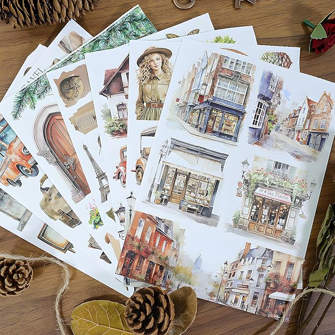 Snycler streetscape Theme Sticker Scrapbooking Supplies for Junk Journal, 20 Sheets PET Stickers - Vintage Journaling Stickers, Ephemera Sticker Book Pre Cut, Planner, Junk Journal Supplies