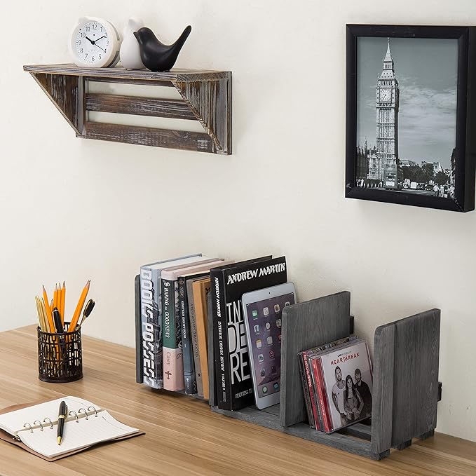 MyGift Barnwood Gray Wood Desktop Bookshelf Organizer, Expandable Adjustable Display Shelf Book Rack