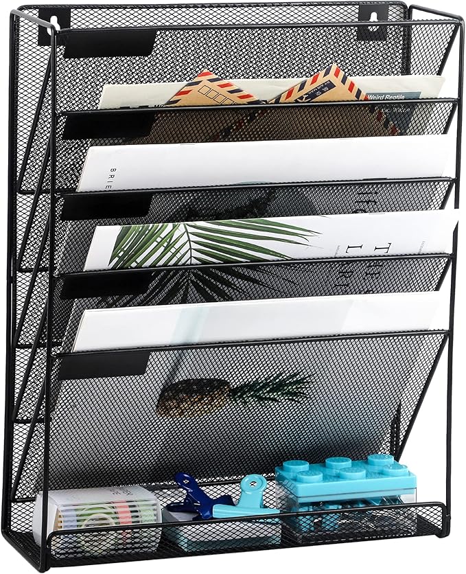 EASEPRES Desk File Organizer Mesh 6-Tier, Hanging Wall Mount Document Organization Stand, Desktop Vertical Mail Paper Folder Holder Rack with Bottom Tray for Office Home Cubicle Countertop, Black