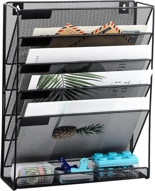 EASEPRES Desk File Organizer Mesh 6-Tier, Hanging Wall Mount Document Organization Stand, Desktop Vertical Mail Paper Folder Holder Rack with Bottom Tray for Office Home Cubicle Countertop, Black