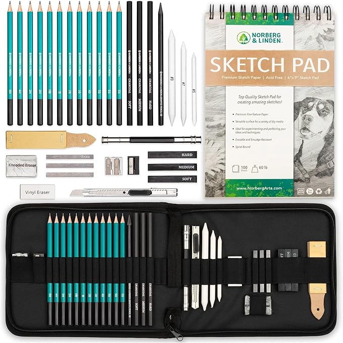 Norberg & Linden XL Drawing Set - Sketching, Graphite and Charcoal Pencils. Includes 100 Page Drawing Pad, Kneaded Eraser, Blending Stump. Art Kit and Supplies for Kids, Teens and Adults