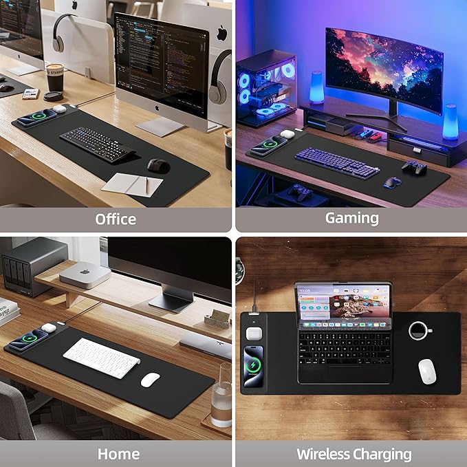Mouse Pad with Wireless Charging, Gaming Mouse Pad with Ultra-Smooth Surface, Large XXL Desk Mat, Non-Slip Mouse Mat, Waterproof Computer Keyboard Pad for Gaming, Desk, Office, PC, 800x300x4MM, Black