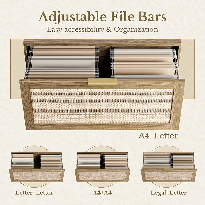 2 Drawer Rattan File Cabinet, 32'' Lateral File Cabinet for Legal/Letter/A4/F4 Size Hanging Files, Wood File Storage for Home Office, Natural Oak