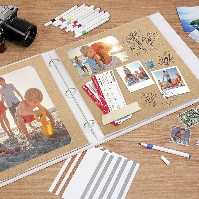 Vienrose Scrapbook Photo Album 12x12 Inch 3 Ring Binder, Linen Cover Large DIY Scrapbooks with 50 Sheets Plastic Sleeves 100 Pages Blank Khaki Inner Pages for Wedding Birthday Travel Baby Photos Beige