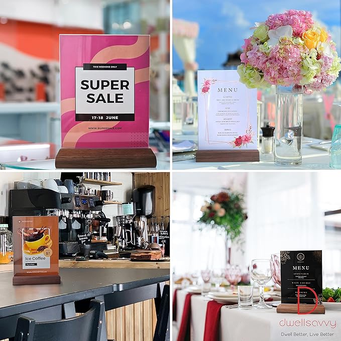 Acrylic Sign Holder 5x7" [3-PACK] | Walnut Wood Base and Crystal-Clear Acrylic Frame: Double-Sided Tabletop Display. Menu Holder, Picture Frame, Store Sign, Display Stand or Booth Display.