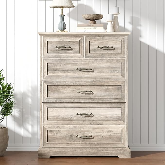6 Drawer Dresser for Bedroom, 43" Tall Wooden Chest of Drawers, Rustic Farmhouse Dresser with Large Drawers & Metal Handles, Modern Storage Organizer for Closet, Living Room, Hallway, Grey