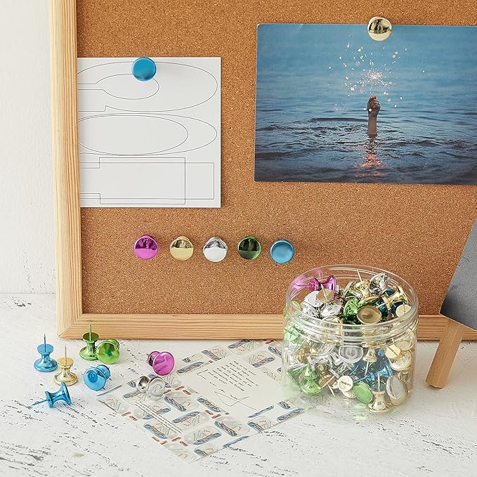 Outus 100 Pcs Giant Push Pins Large Thumb Tacks Plastic Heads 1 Inch Jumbo Push Pins for Cork Board Map Posters Office School(Purplish Red, Gold, Blue, Green, Silver)