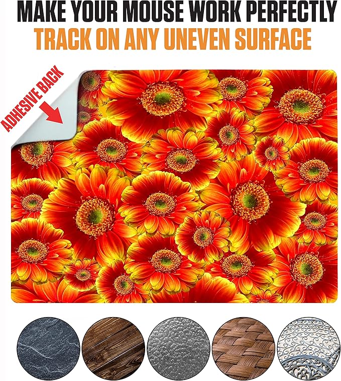 Adhesive Mouse Pad - Peel and Sticks to Any Surface - Travel Mouse Pad, Sticky for Any Surface - Excellent Tracking - Flowers GERBERAS