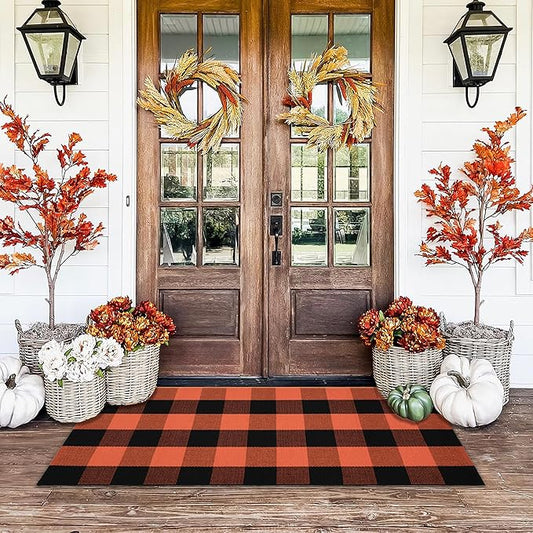 Orange and Black Plaid Rug, 24'' x 51'' Fall Outdoor Front Door Decor Mat, Cotton Washable Hand-Woven Rug for Layered Doormat, Autumn Halloween Thanksgiving Carpet for Porch, Entryway