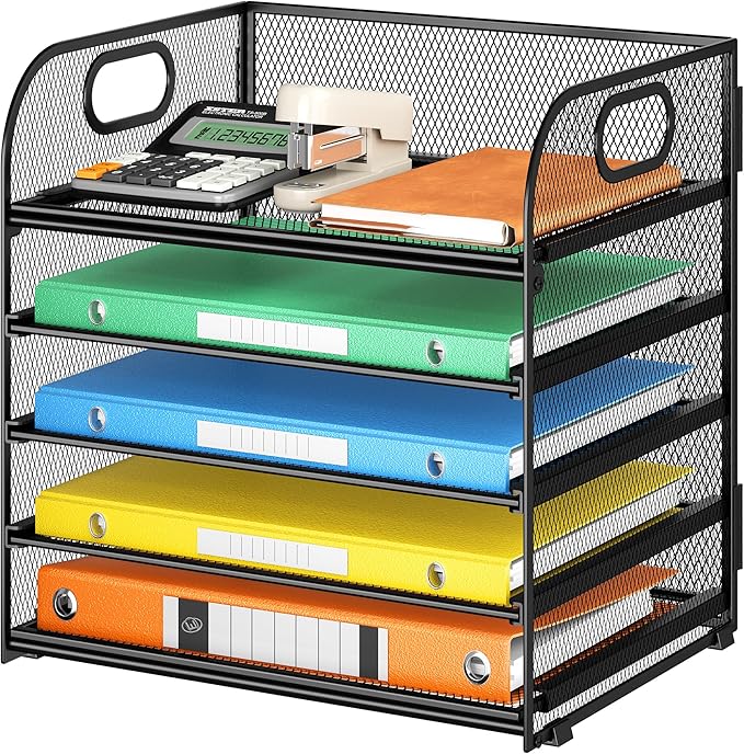 Lavatino 5 Tray Desk File Organizer, Black Mesh Paper Sorter Letter Tray Organizer with Handle, Desktop File Organizer and Storage for Letter/A4 Office File Folder