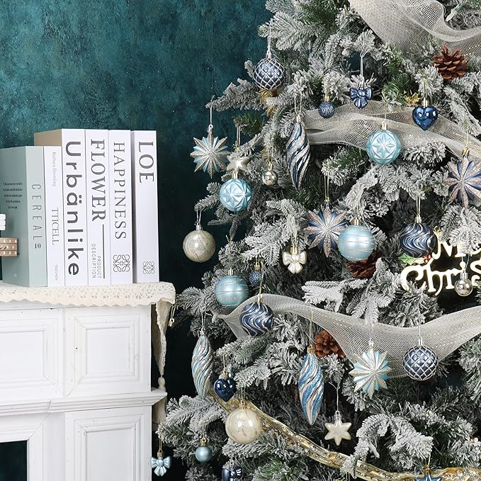 82Pcs Blue and Gold Christmas Ornaments Set, Shatterproof Medium Christmas Ball Ornaments, Christmas Decorations Hanging Ornaments for Xmas Trees, Holiday, Party Decor (Navy Blue & Gold)