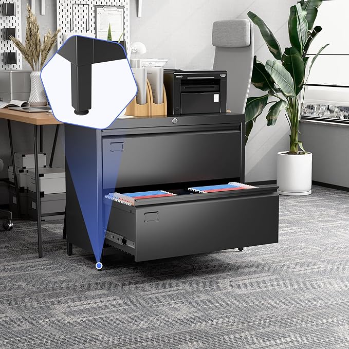 Metal 2 Drawer Lateral File Cabinet with Lock & Adjustable Feet - Wide Filing Cabinet for Letter/Legal/F4/A4 Hanging Files - Includes Business Card Holder,Home Office School Storage,Black