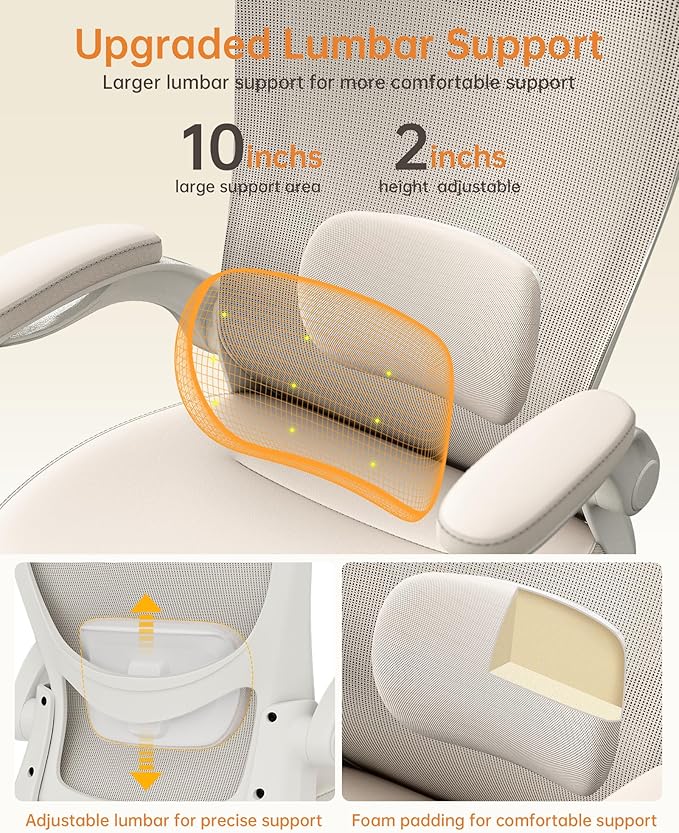 Office Chair, PU Leather Ergonomic Desk Chair with Adjustable Lumbar Support and Flip up Armrest, Breathable Mesh Computer Chair for Home Office, Khaki