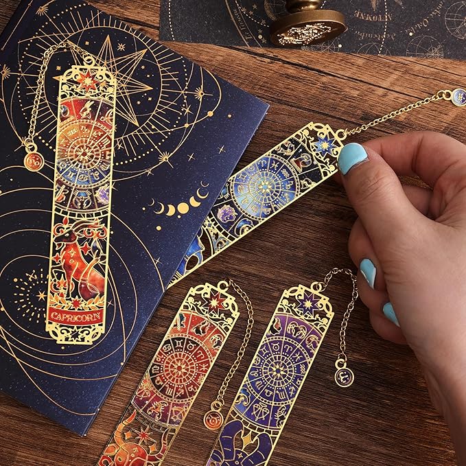 12 PCS Zodiac Theme Metal Bookmark for Women, Gold Hollow Astrology Bookmarks Set Funny Book Mark for Girls, Teenage, Student, Readers, Men, Horoscope Themed Gifts for Book Lovers, Birthday Present