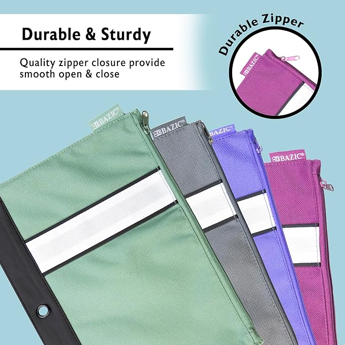 BAZIC Pencil Pouch 3 Ring Binder Pouch w/Rivet Enforced Rings Holes, Zipper Pouches Bag, Assorted Color, 144-Pack