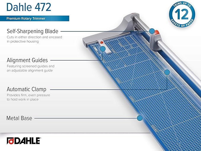 Dahle Large Format Premium Rolling Trimmer, 72" Cut Length, 12 Sheets Capacity, Cut Mat Board, Self-sharpening Blade Cuts in Both Directions, Ground Steel Blade, Automatic Clamp Holds (472)