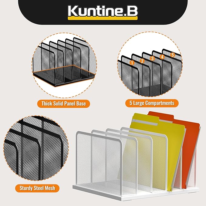 Kuntine.B Desk File Organizer Upright Mesh Desktop Organizer File Sorter Office Organization File Holder for Home, Office & Classroom (White, 1 Pack 5-Section)