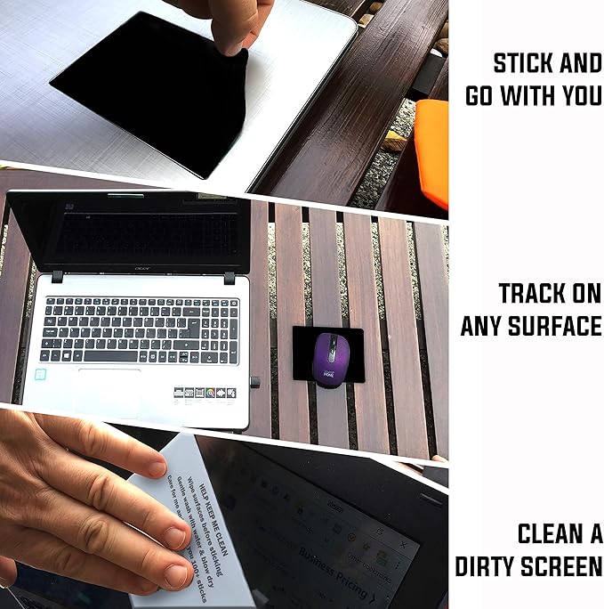 Mouse Pad Adhesive Bottom - Sticks to Any Surface - Portable - Webcam Covers and Screen Cleaner Included (Blank Black)