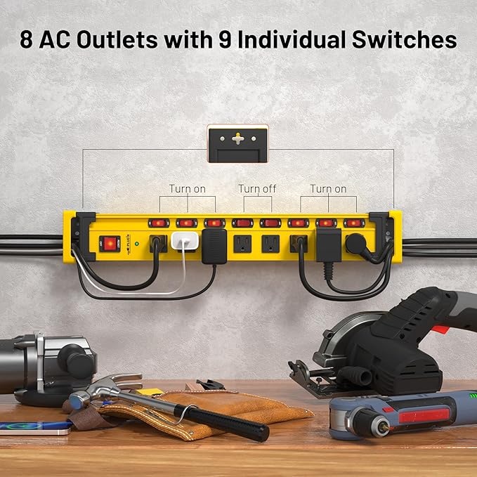 Plug'n 2 Packs 8 Outlet 2700J Surge Protector Power Strip with Individual Switches,Heavy Duty Garage Power Strip with Cord Manager,Flat Plug,6FT/14AWG Power Cord for Workshop,Shop,Home,Kitchen