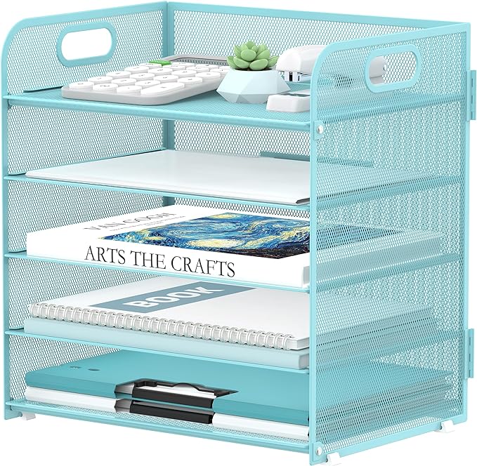 Supeasy 5 Trays Paper Organizer Letter Tray with Handle-Mesh Desk File Organizer, Paper Sorter Desk Organizer for Office, Home or School (Light Blue)