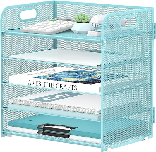 Supeasy 5 Trays Paper Organizer Letter Tray with Handle-Mesh Desk File Organizer, Paper Sorter Desk Organizer for Office, Home or School (Light Blue)