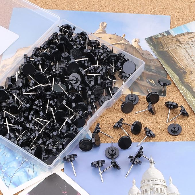 Push Pins 200-count Flat Black Thumb Tacks Steel Point and Plastic Head for Corkboard and Wooden Photo Wall