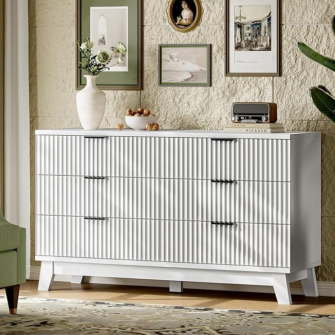 Fluted Dresser with 6 Drawers, 54" Wide Modern Chest of Drawers with Metal Handle, Wooden Dresser TV Stand, Wood Closet Clothes Storage Organizer for Bedroom, Living Room, Hallway, Solid White