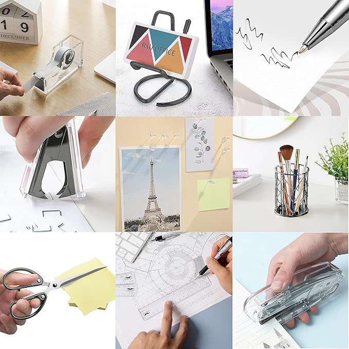 Office Desk Accessories, Acrylic Stapler, Staple Remover, Tape Holder, Pen Holder, Ballpoint Pen, Scissor, Binder Clips, 1000pcs Staples, Phone Holder, Ruler, Transparent Glue and 300 Notes