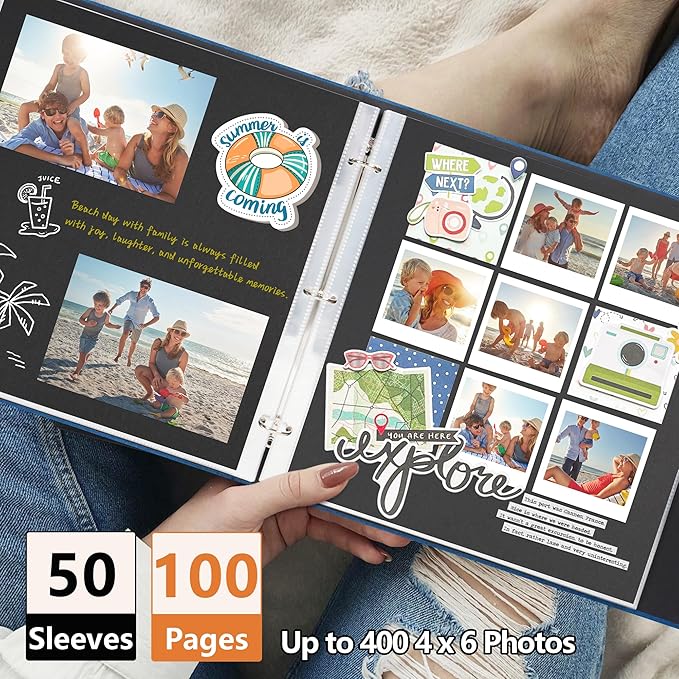 Vienrose Scrapbook Photo Album 12x12 Inch 3 Ring Binder, Linen Cover Large DIY Scrapbooks with 50 Sheets Plastic Sleeves 100 Pages Blank Black Inner Pages for Wedding Birthday Travel Baby Photos Blue