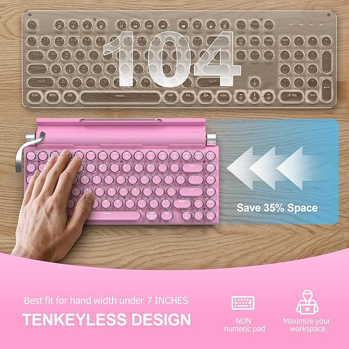 Retro Typewriter Wireless Mechanical Gaming Keyboard, Bluetooth 5.0 Office Computer Vintage Keyboards 83-Key Blue Switches Punk Round Keycap, LED Backlight, Compatible with PC/Laptop/Pad/Phone, Pink