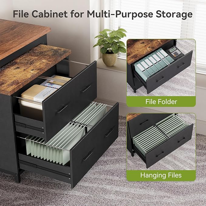 LITTLE TREE 2 Drawer File Cabinet for Home Office, 30.7-Inch Lateral Office Cabinet for A4 and Letter Size Files, Printer Stand, Storage Cabinet Organizer, Rustic Brown + Black
