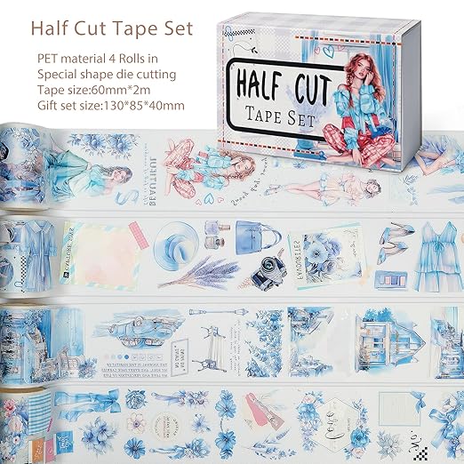 Snycler Pre-Cut Blue Mood Themed PET Washi Tapes - Vintage Aesthetic Tape Stickers for Journaling, Scrapbooking, Junk Journals, Crafts, Planners - 4 Rolls