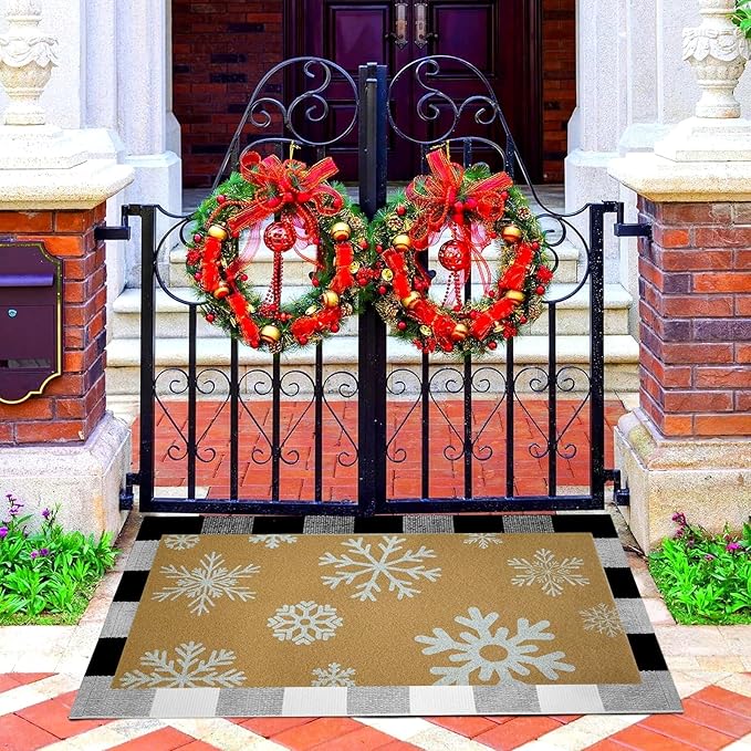 2 Pcs Christmas Welcome Doormats 30 x 17 Inch Winter Snowflakes Coir Door Mats for Front Doors Nonslip 2-in-1 Seasonal Buffalo Plaid Rug for Christmas Holiday Outside Entrance Porch Home Decor