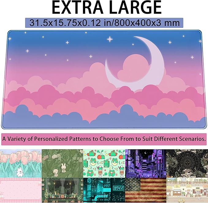Cute Clouds Desk Mat Kawaii Desk Pad Gaming Mouse Pad Large Blue Sky Deskmat XXL Mousepad, Pink Purple Keyboard Mouse Mat Computer Mat for Desk, Kawaii Desk Decor for Women Girls 31.5X15.75 in